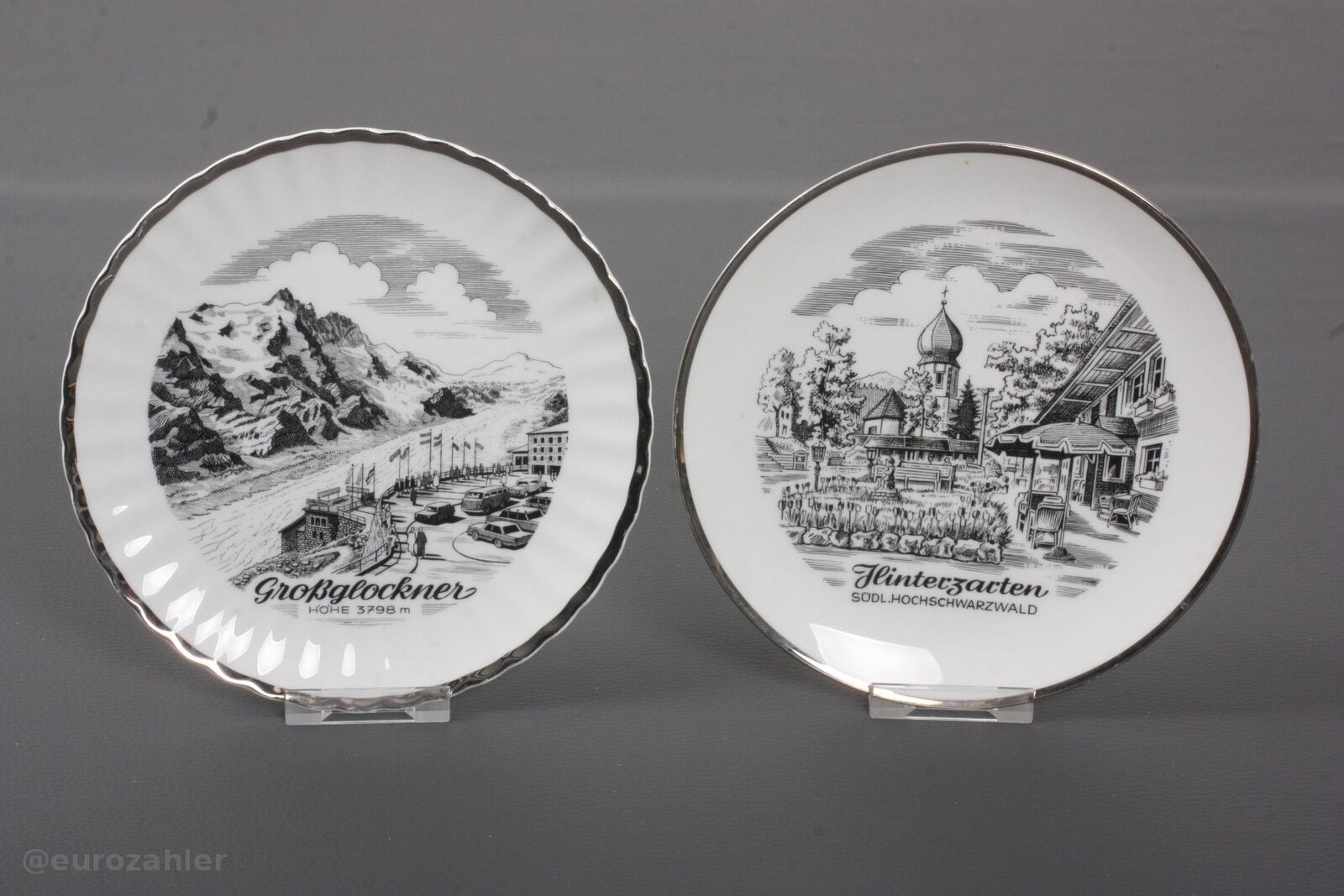 2-Stueck-Zierteller-Sammelteller-Wandteller-o195-cm-Porzellan-mit-Silberrand-283450840438